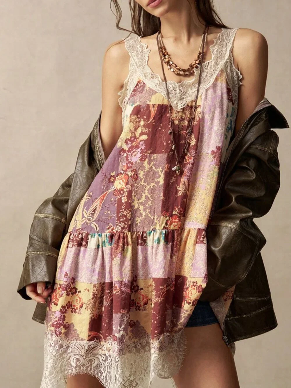 Multicolor Boho Women's Floral Print Contrast Lace Hem Sleeveless Short Dress